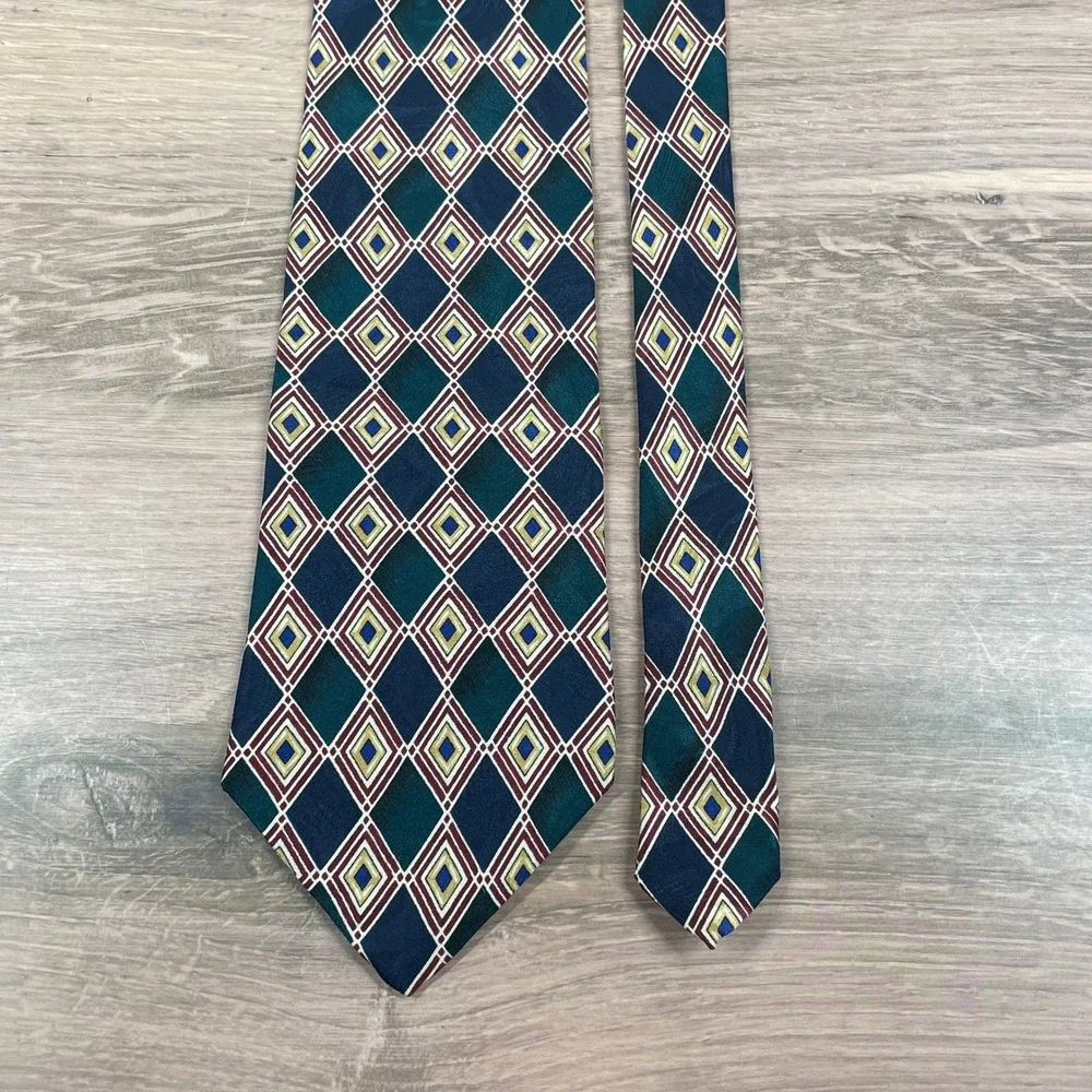 ENZO FELINI Paris Mens Handmade Silk Tie Navy Green Gold Diamond Pattern Formal